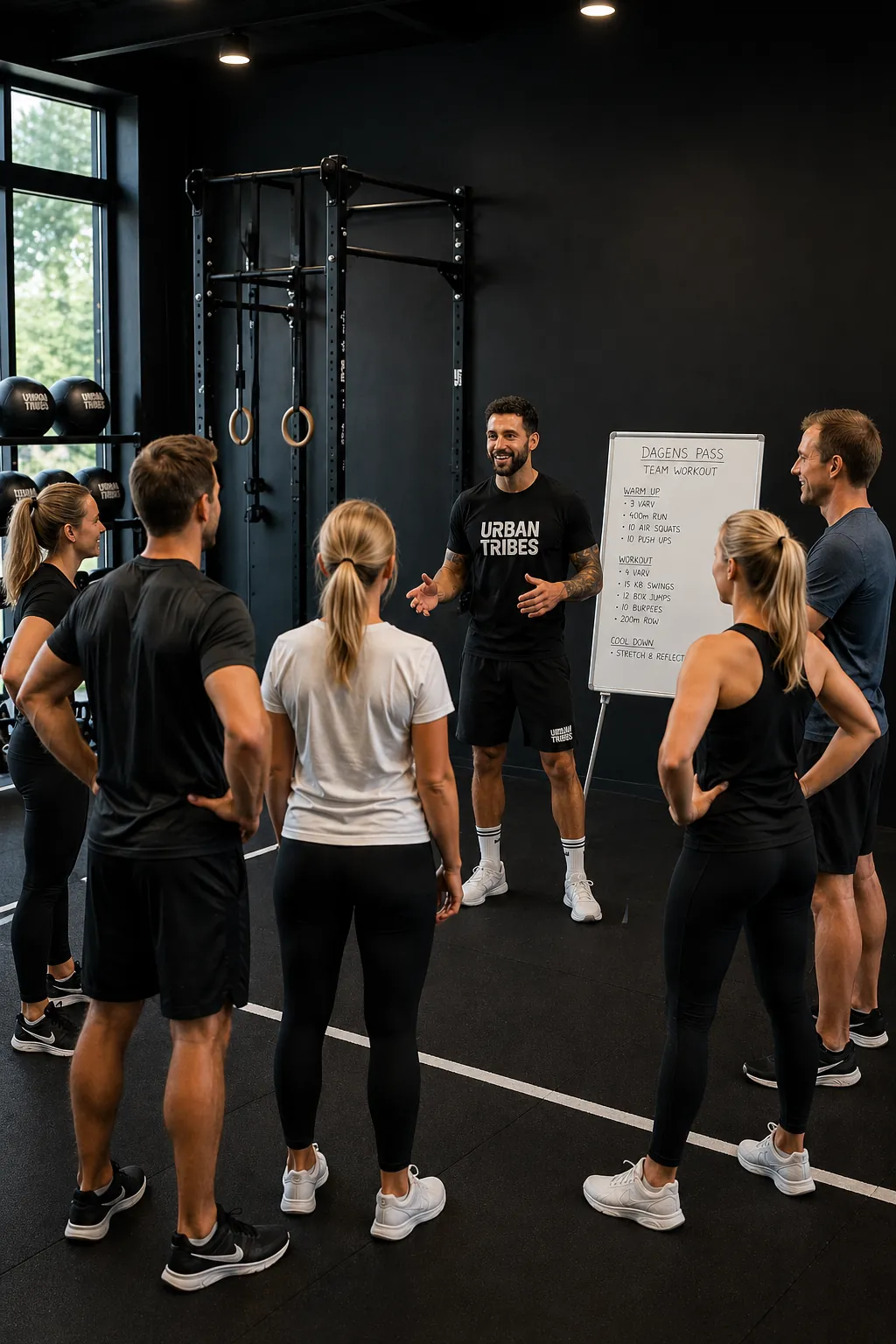 En coach i Urban Tribes-tröja går igenom dagens pass vid en whiteboard i ett gym